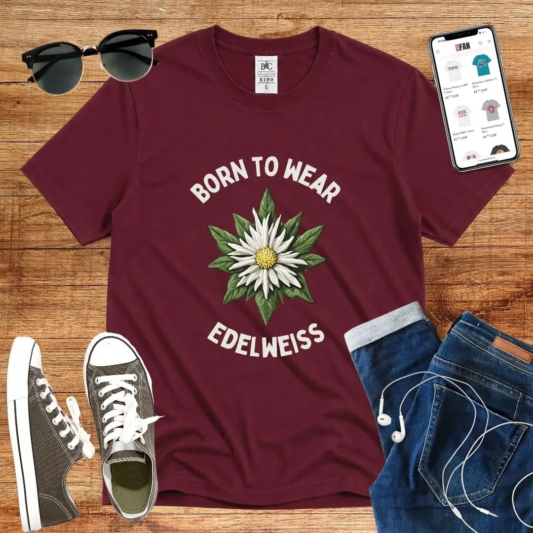 T-Shirt in Burgundy mit Edelweiß-Motiv mit Schriftzug „Born to wear Edelweiss“