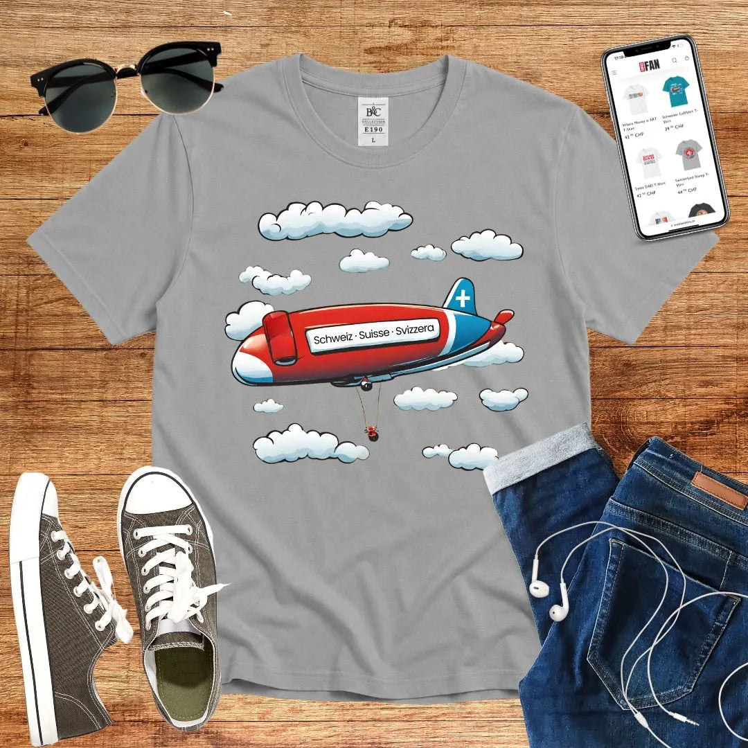 T-Shirt in Sport Grey mit Zeppelin-Motiv mit Wolken und Schriftzug „Schweiz · Suisse · Svizzera“