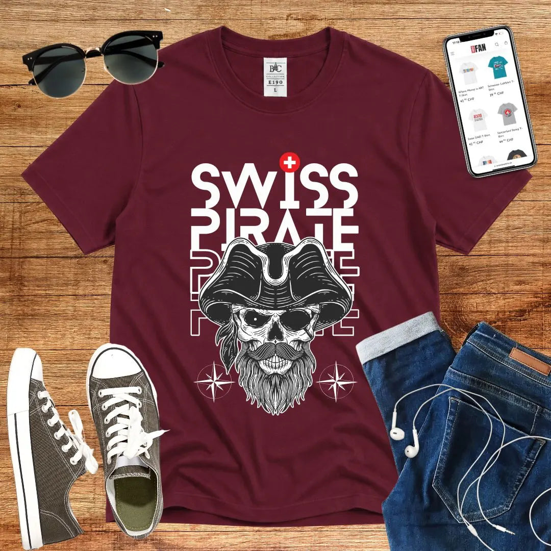 T-Shirt in Burgundy mit Piraten-Design mit Totenkopf und Bart mit Schriftzug „SWISS PIRATE“
