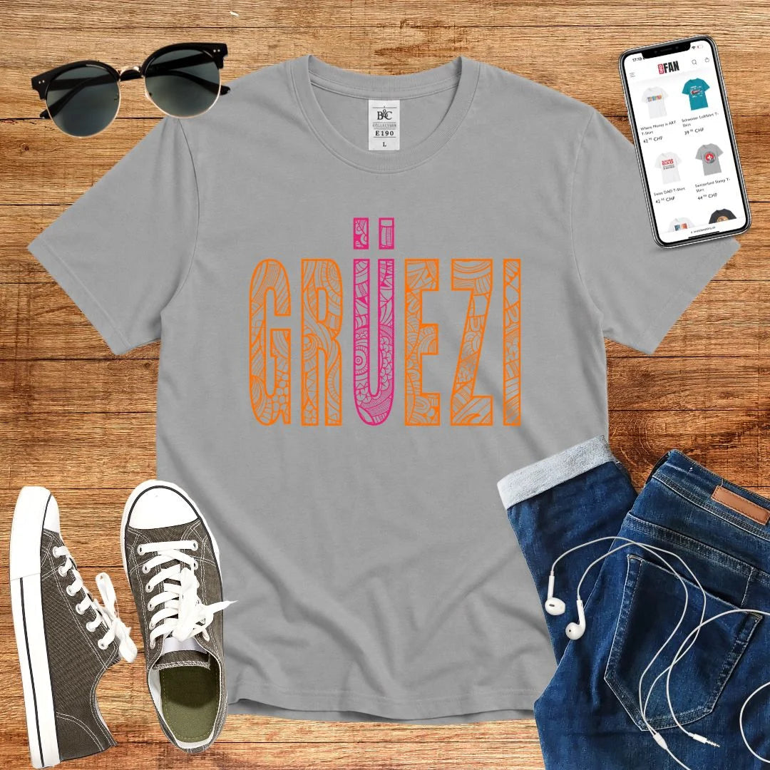 T-Shirt in Sport Grey mit Dekoratives Muster-Design mit Schriftzug „GRÜEZI“