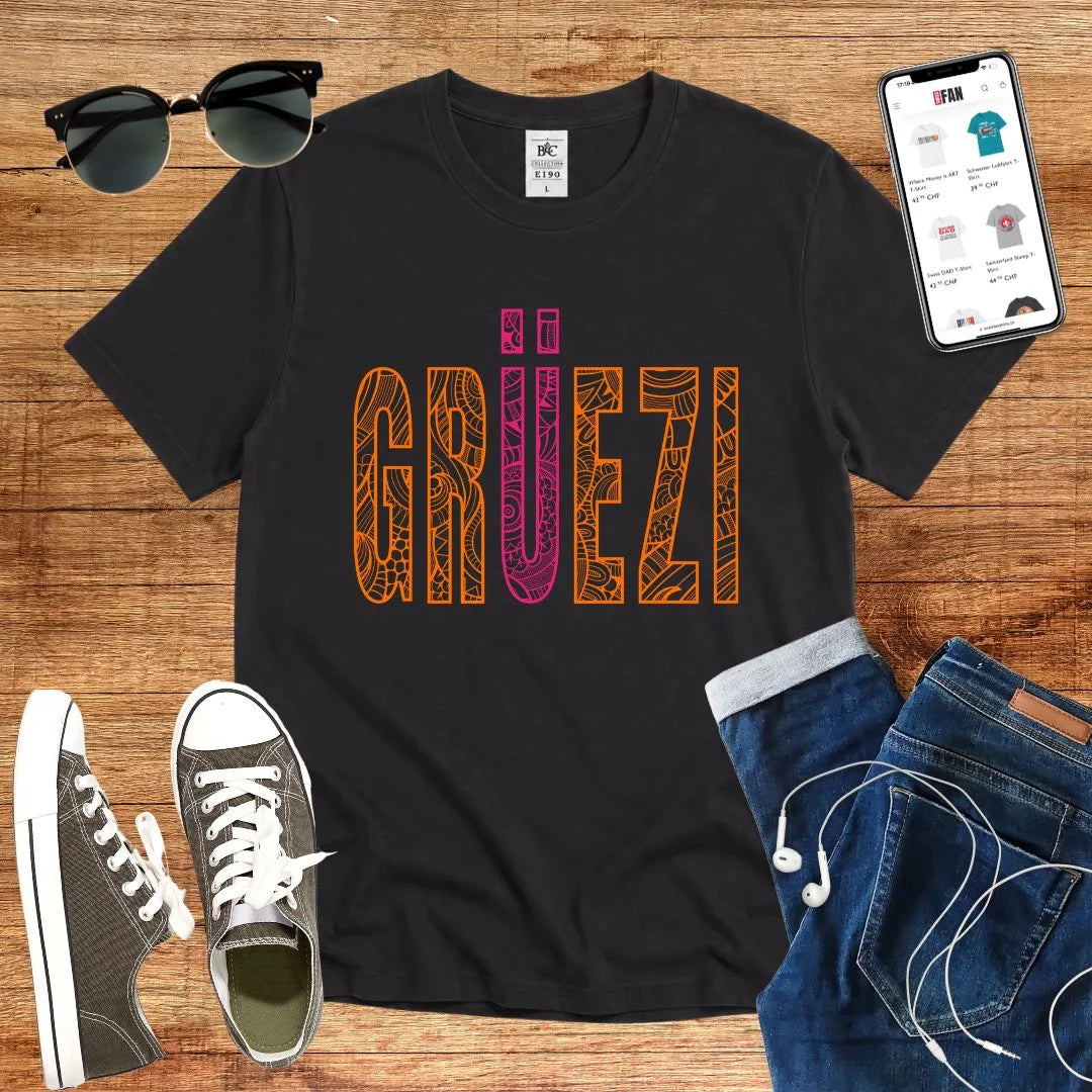 T-Shirt in Black mit Dekoratives Muster-Design mit Schriftzug „GRÜEZI“