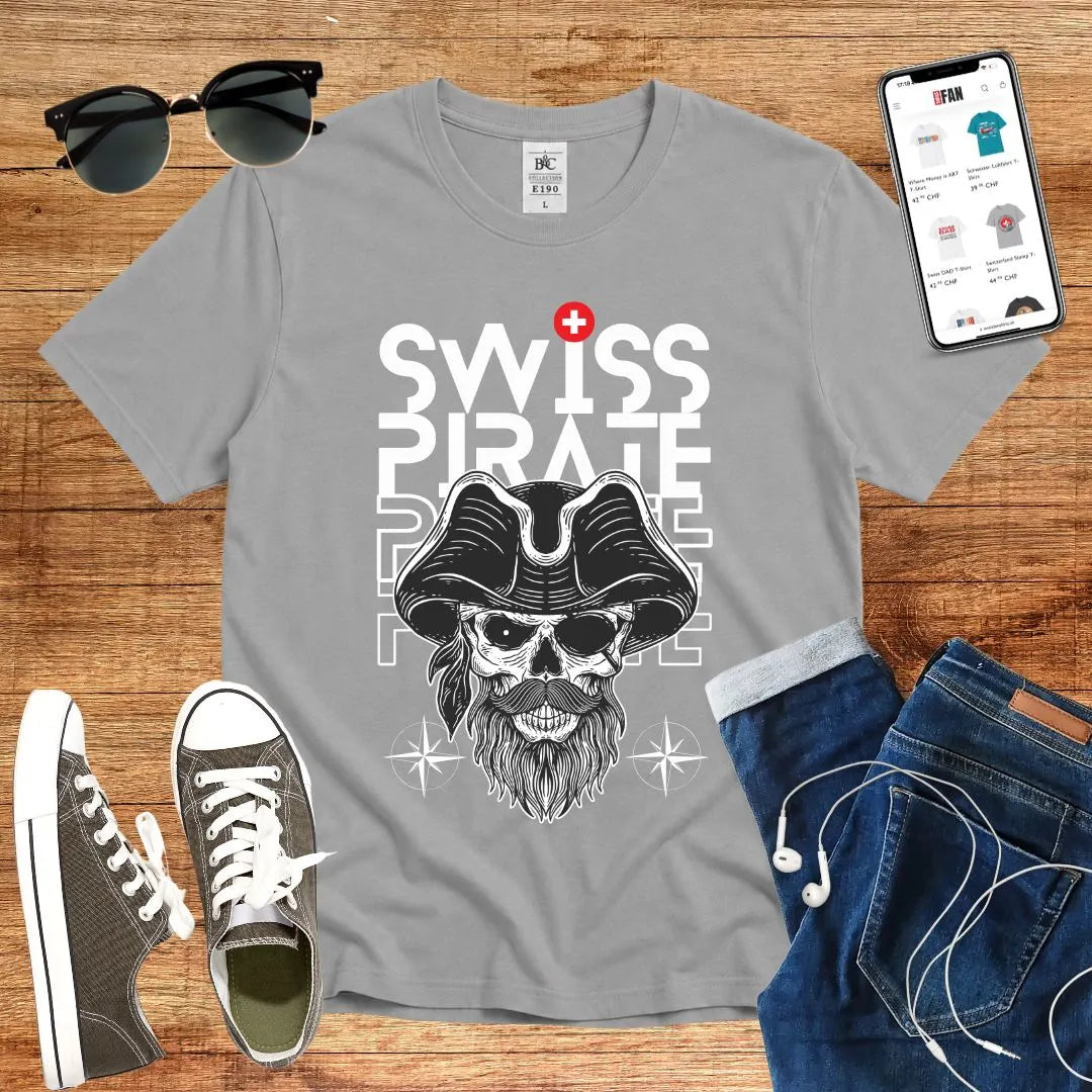 T-Shirt in Sport Grey mit Piraten-Design mit Totenkopf und Bart mit Schriftzug „SWISS PIRATE“