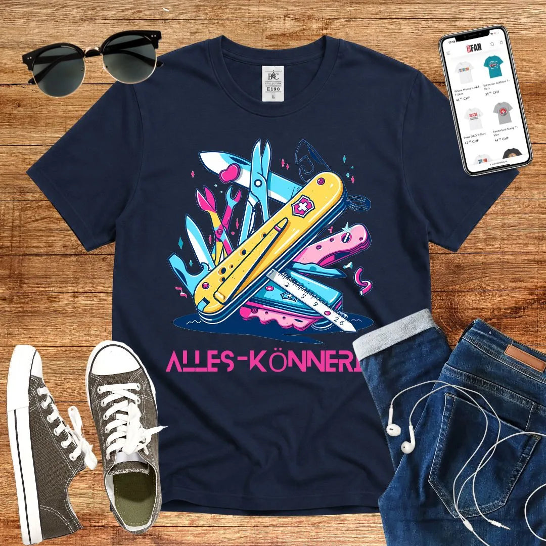 T-Shirt in Navy mit Schweizer-Messer-Design in Pink und Blau mit Schriftzug „ALLES-KÖNNERIN“