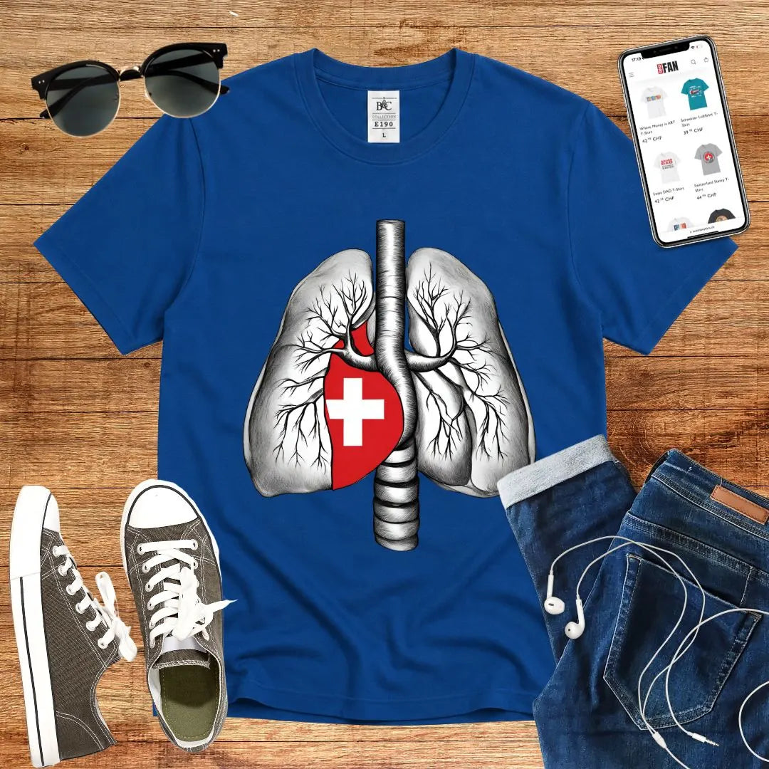 T-Shirt in Royal Blue mit Lungen-Design mit Schweizer Kreuz
