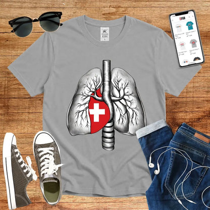 T-Shirt in Sport Grey mit Lungen-Design mit Schweizer Kreuz