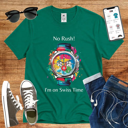 T-Shirt in Kelly Green mit Buntes Uhr-Design mit Schriftzug „No Rush! I&
