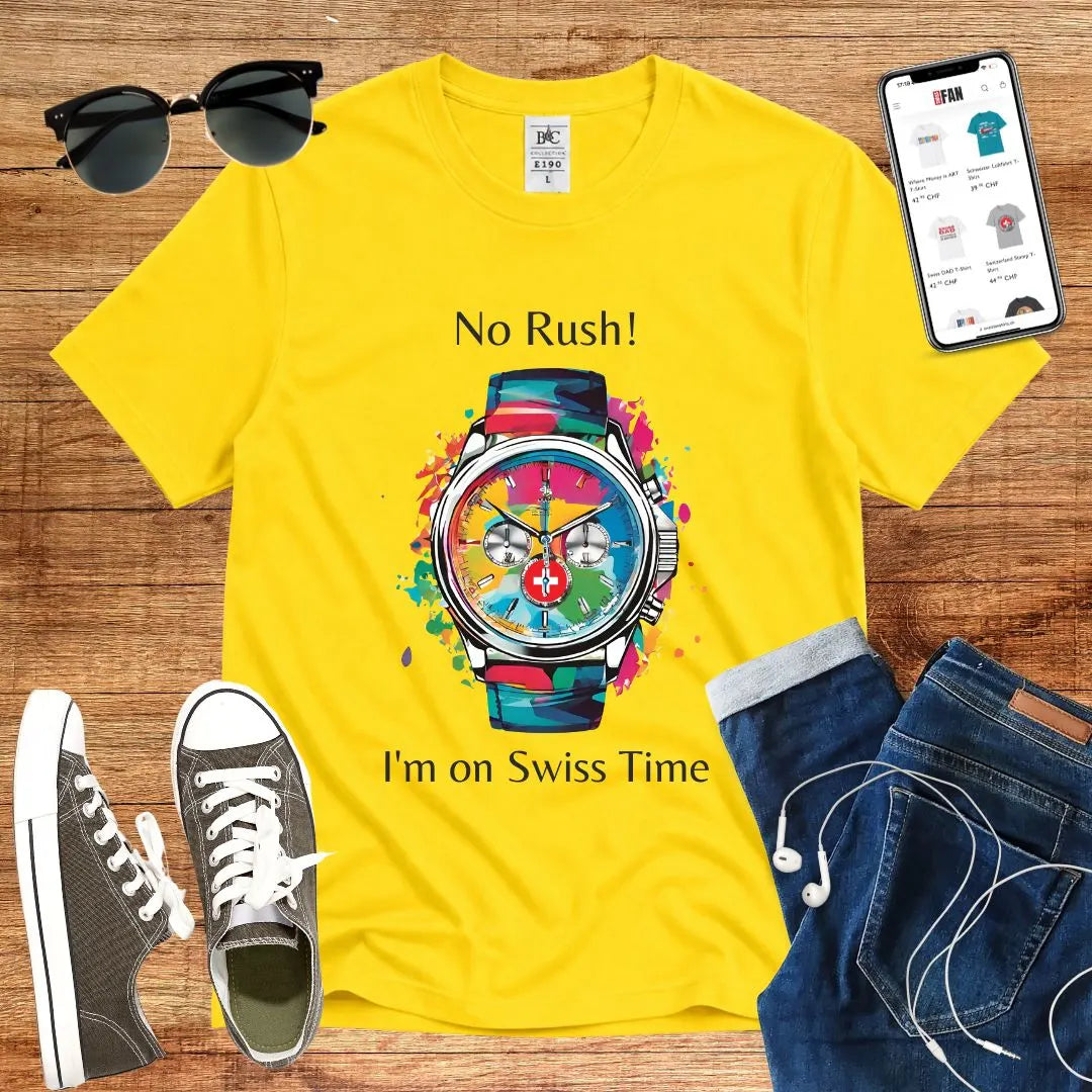 T-Shirt in Solar Yellow mit Buntes Uhr-Design mit Schriftzug „No Rush! I&
