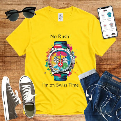 T-Shirt in Solar Yellow mit Buntes Uhr-Design mit Schriftzug „No Rush! I&