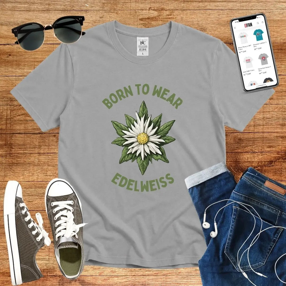 T-Shirt in Sport Grey mit Edelweiß-Motiv mit Schriftzug „Born to wear Edelweiss“