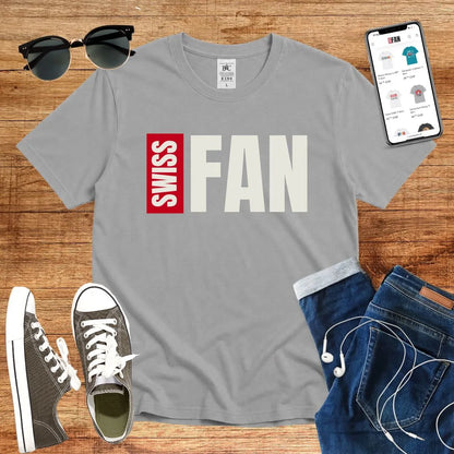 T-Shirt in Sport Grey mit Kontrastreiches Design in Schwarz und Rot mit Schriftzug „SWISS FAN“