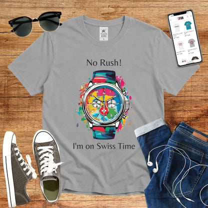 T-Shirt in Sport Grey mit Buntes Uhr-Design mit Schriftzug „No Rush! I&