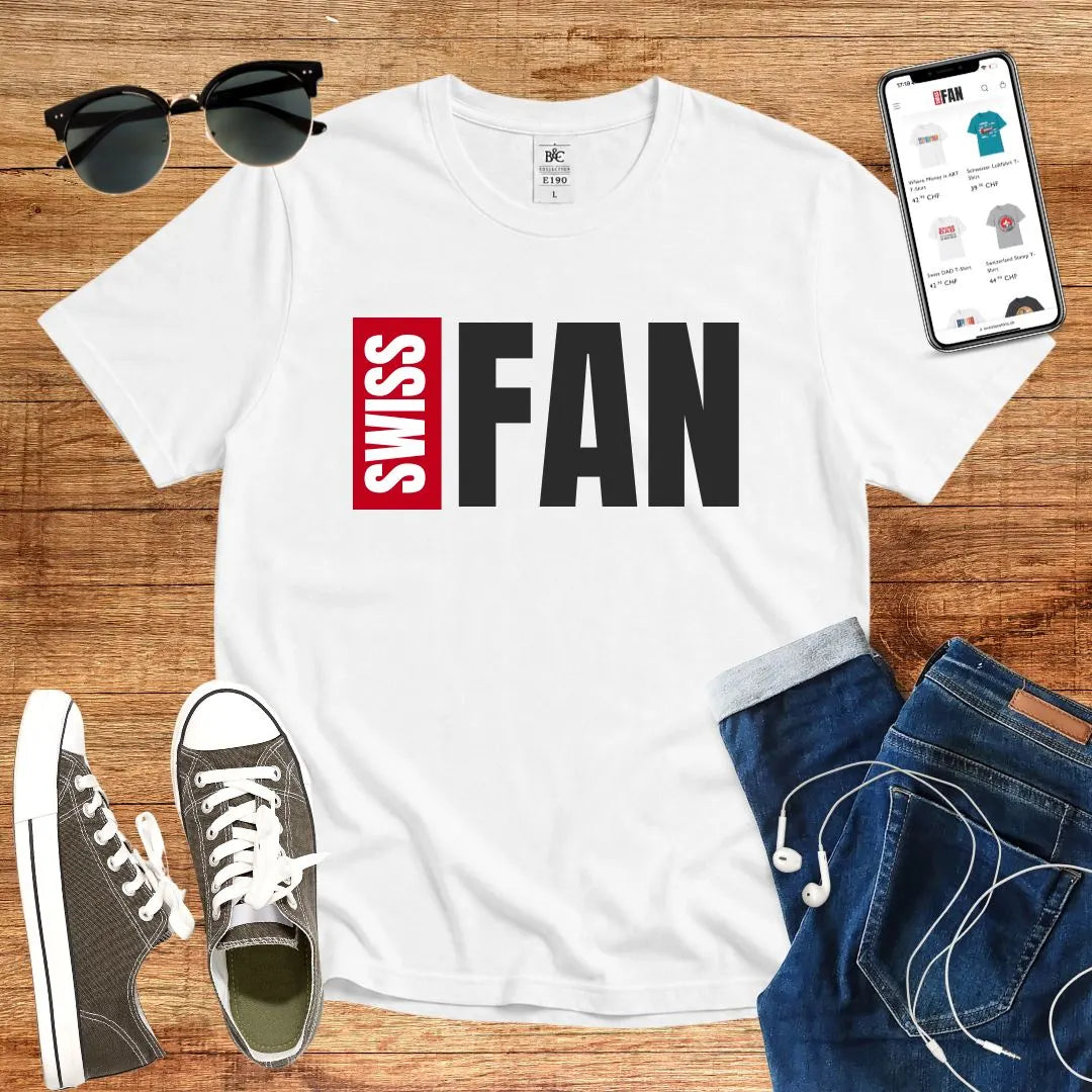 T-Shirt in White mit Kontrastreiches Design in Schwarz und Rot mit Schriftzug „SWISS FAN“