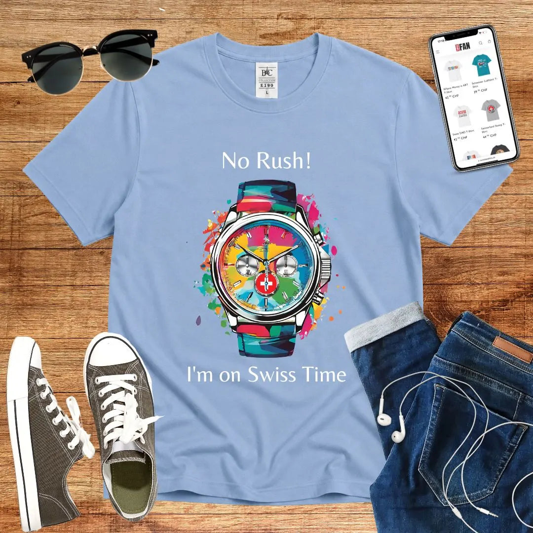 T-Shirt in Sky Blue mit Buntes Uhr-Design mit Schriftzug „No Rush! I&