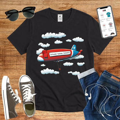 T-Shirt in Black mit Zeppelin-Motiv mit Wolken und Schriftzug „Schweiz · Suisse · Svizzera“