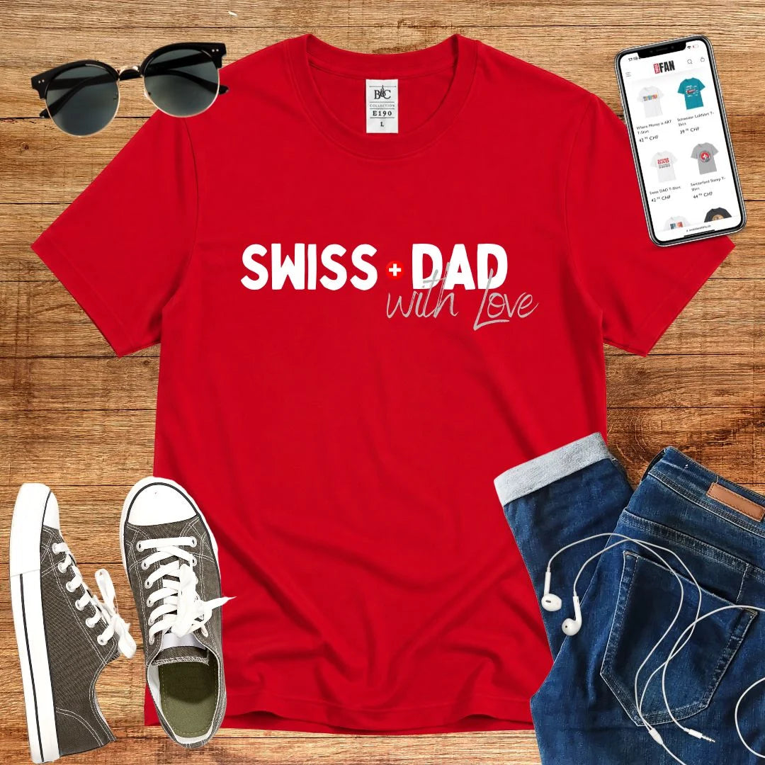 T-Shirt in Red mit Kontrastreiches Design mit rotem und grauem Schriftzug „SWISS DAD with LOVE“