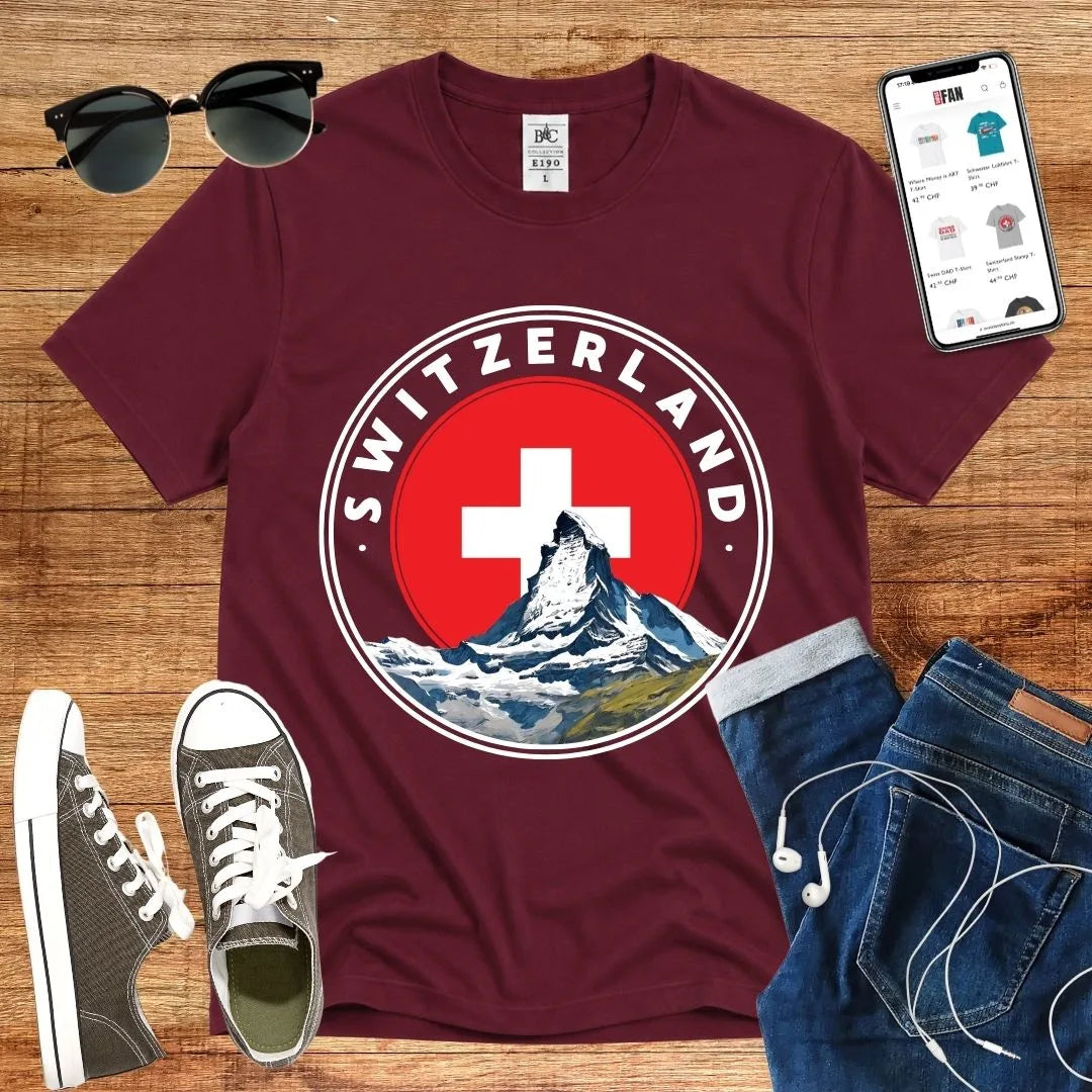 T-Shirt in Burgundy mit Rundes Design mit Matterhorn und Schweizer Kreuz mit Schriftzug „SWITZERLAND“