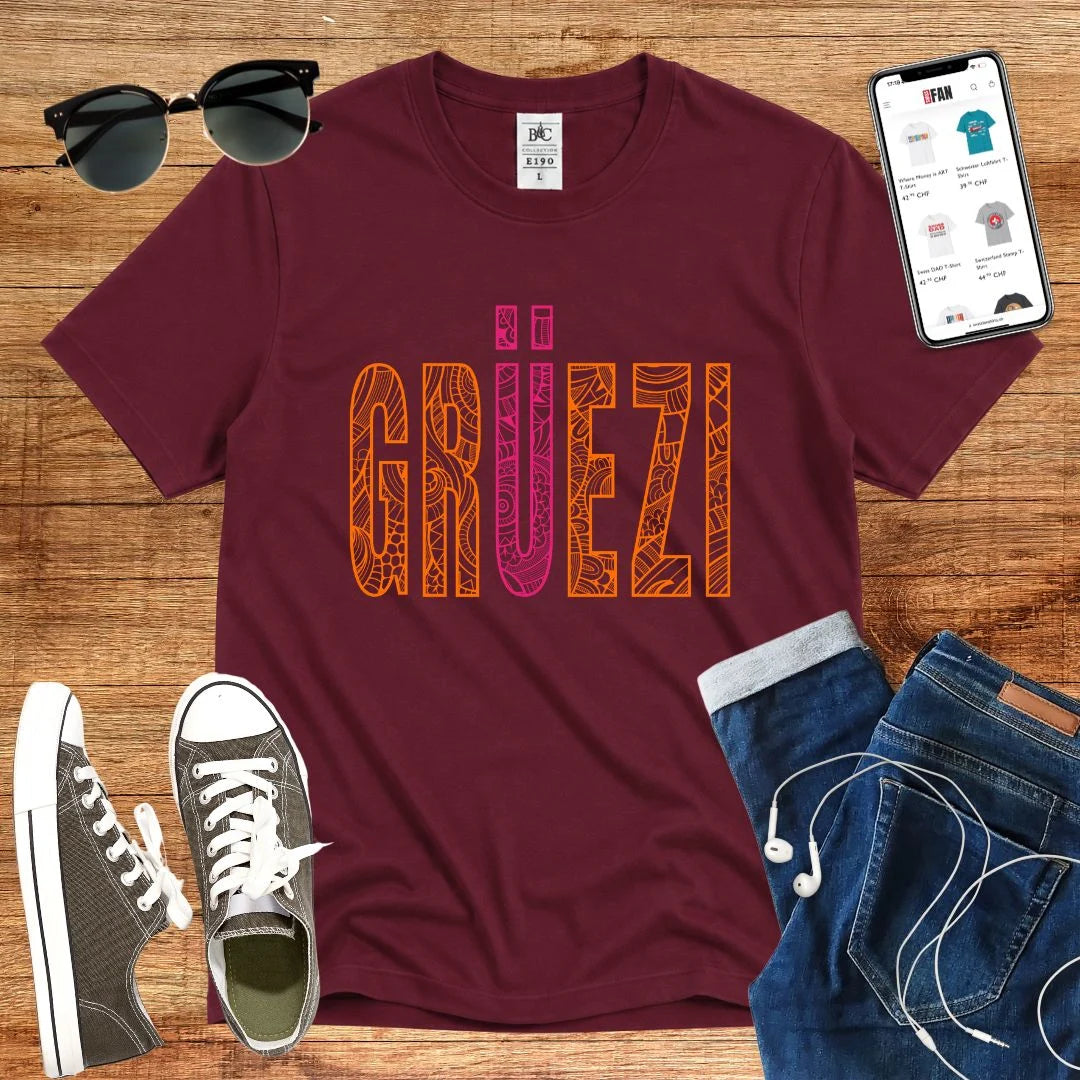 T-Shirt in Burgundy mit Dekoratives Muster-Design mit Schriftzug „GRÜEZI“
