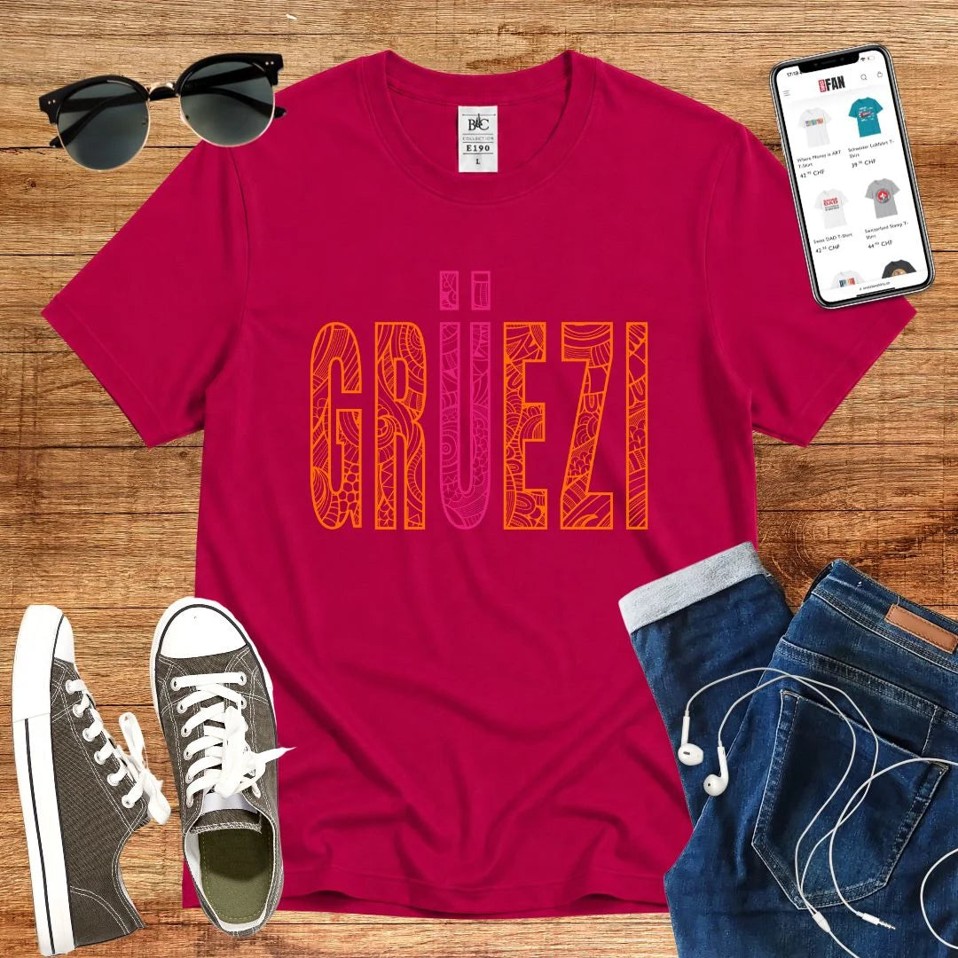 T-Shirt in Sorbet mit Dekoratives Muster-Design mit Schriftzug „GRÜEZI“