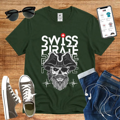 T-Shirt in Bottle Green mit Piraten-Design mit Totenkopf und Bart mit Schriftzug „SWISS PIRATE“
