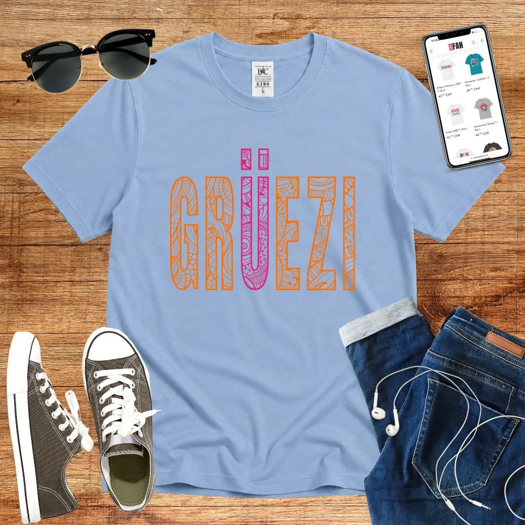 T-Shirt in Sky Blue mit Dekoratives Muster-Design mit Schriftzug „GRÜEZI“
