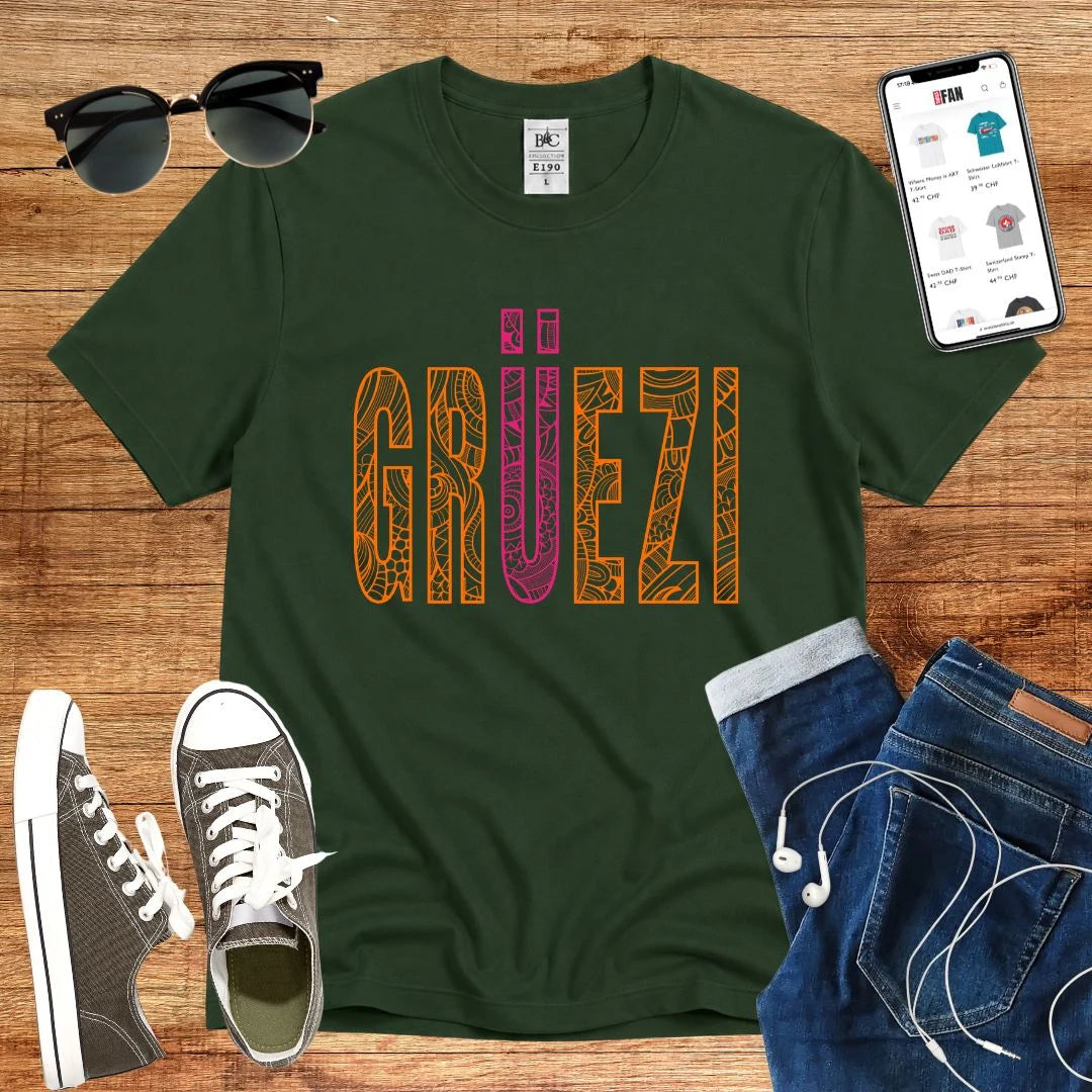 T-Shirt in Bottle Green mit Dekoratives Muster-Design mit Schriftzug „GRÜEZI“