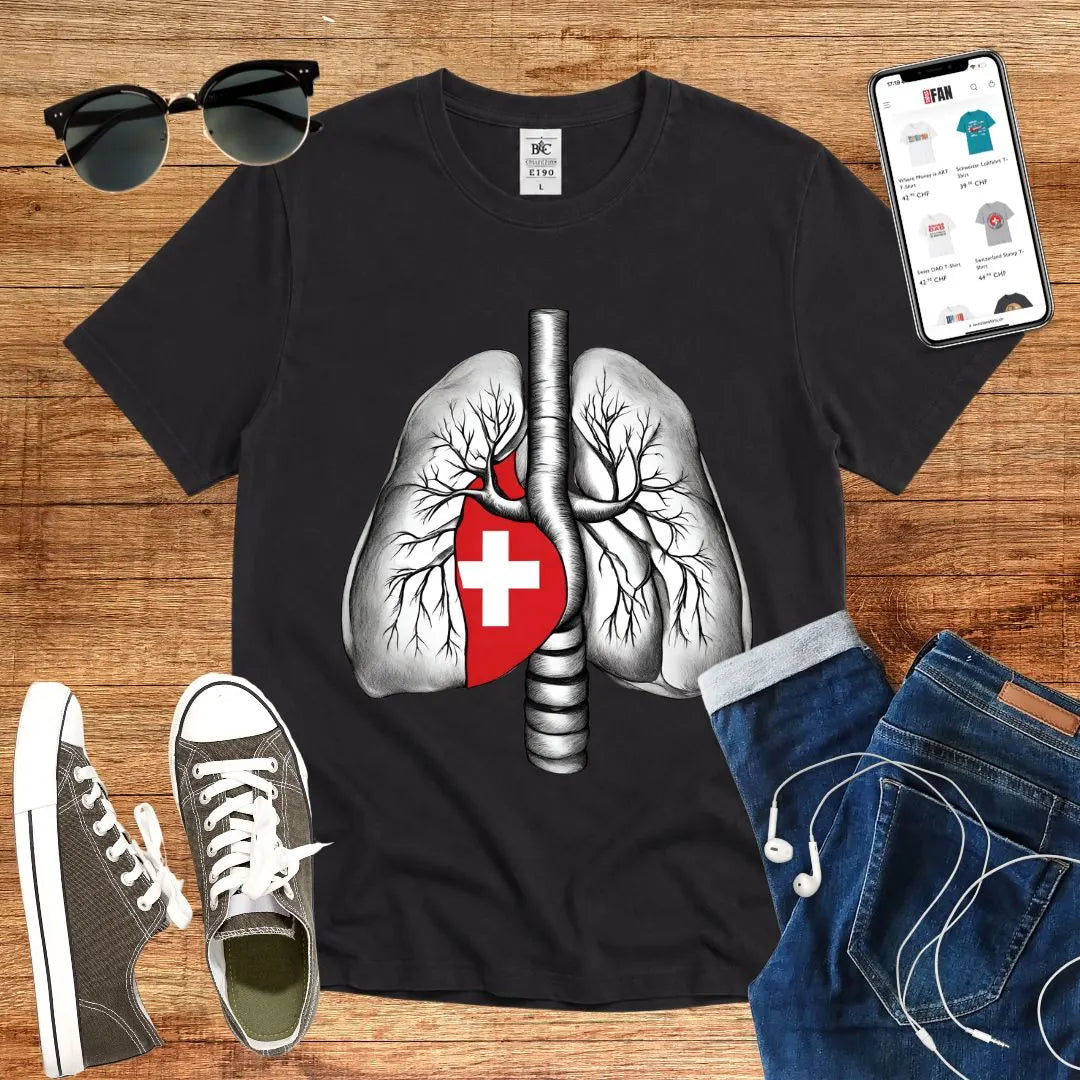 T-Shirt in Black mit Lungen-Design mit Schweizer Kreuz
