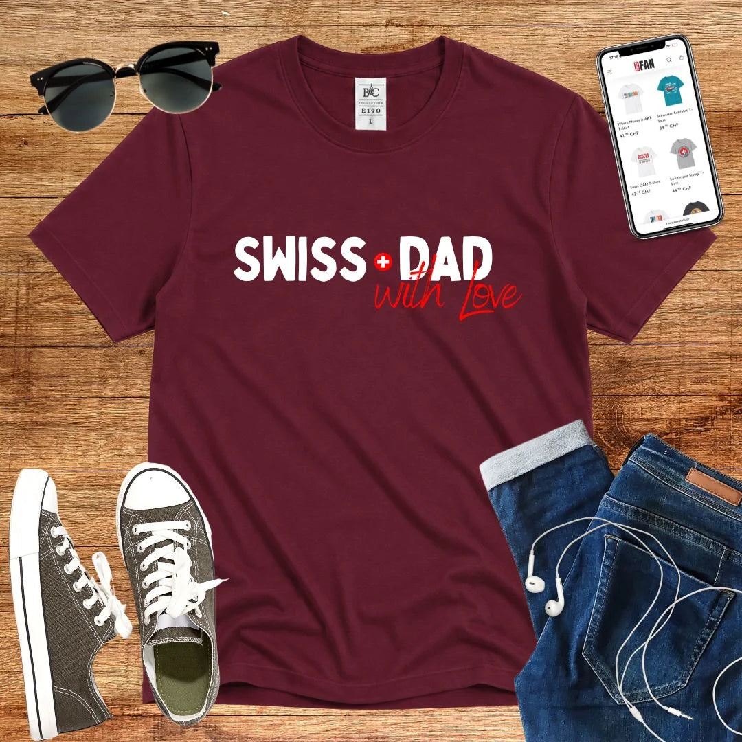 T-Shirt in Burgundy mit Kontrastreiches Design mit rotem und grauem Schriftzug „SWISS DAD with LOVE“