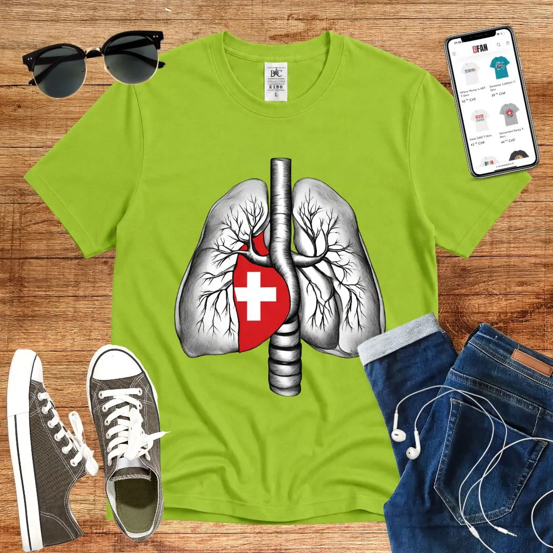 T-Shirt in Orchid Green mit Lungen-Design mit Schweizer Kreuz