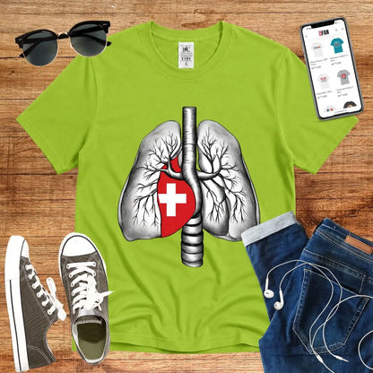 T-Shirt in Orchid Green mit Lungen-Design mit Schweizer Kreuz