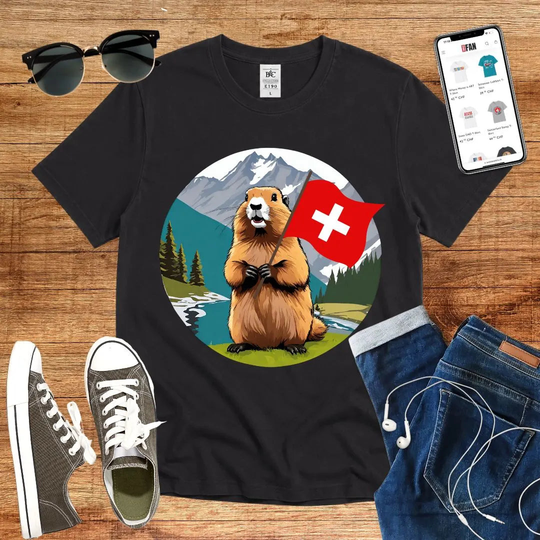 T-Shirt in Black mit Silhouettenartiges Murmeltier mit Schweizer Flagge vor Bergkulisse