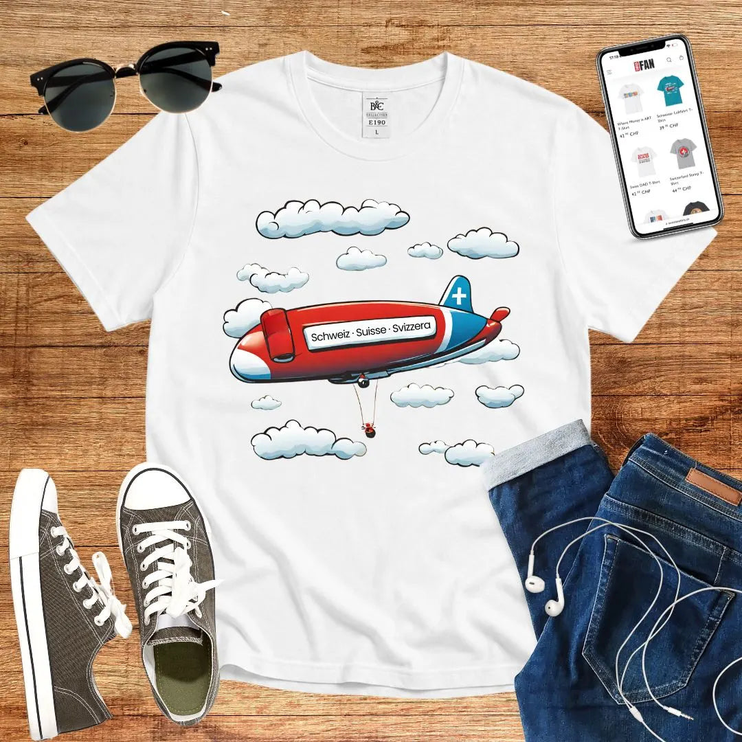 T-Shirt in White mit Zeppelin-Motiv mit Wolken und Schriftzug „Schweiz · Suisse · Svizzera“
