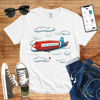 T-Shirt in White mit Zeppelin-Motiv mit Wolken und Schriftzug „Schweiz · Suisse · Svizzera“