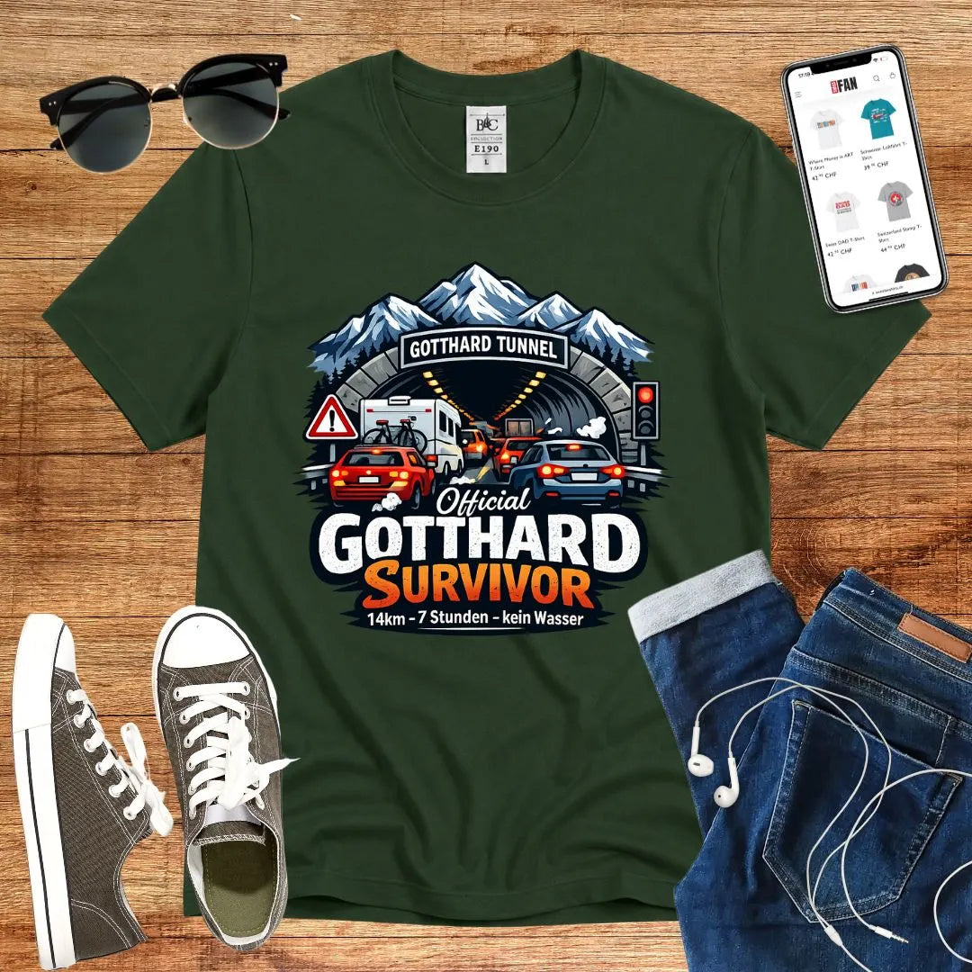 T-Shirt in Bottle Green mit Illustration von Gotthard-Tunnel mit Autos und Bergen, Schriftzug „Official Gotthard…
