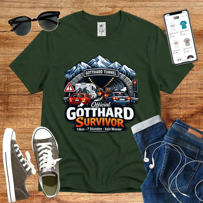 T-Shirt in Bottle Green mit Illustration von Gotthard-Tunnel mit Autos und Bergen, Schriftzug „Official Gotthard…