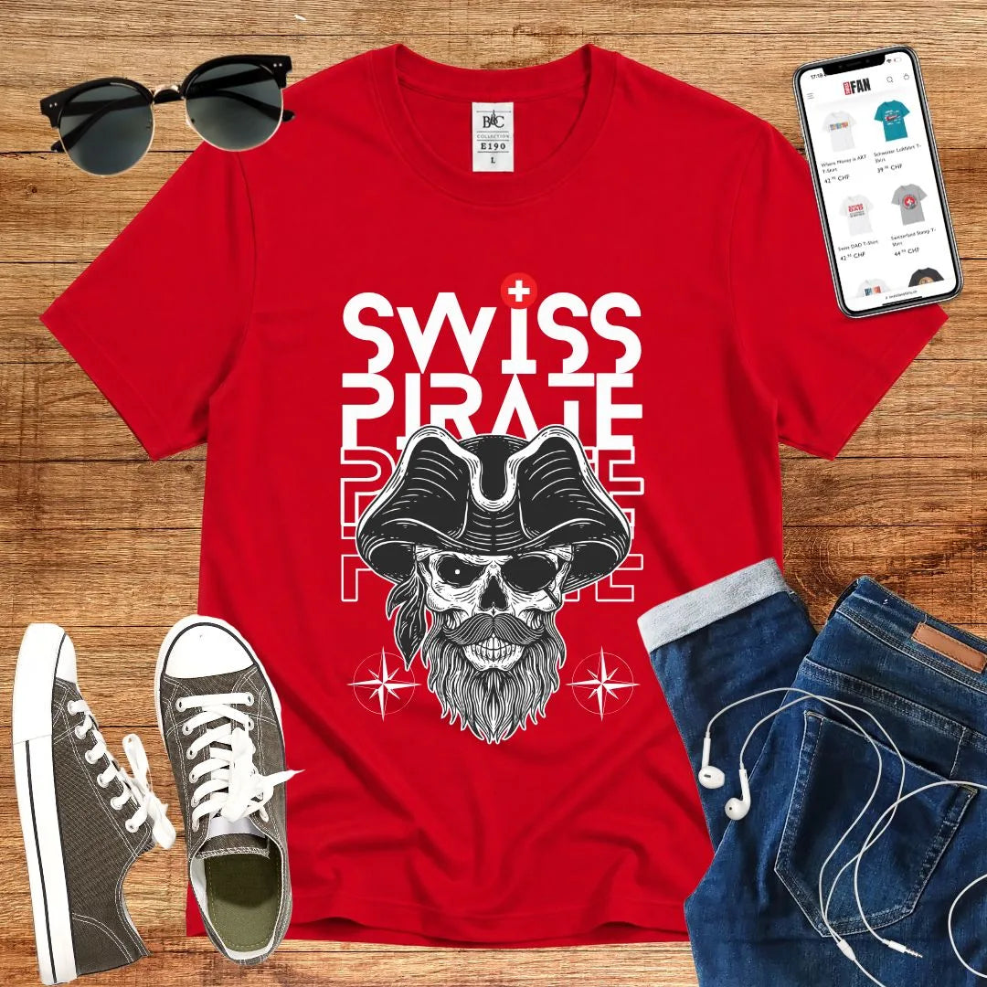 T-Shirt in Red mit Piraten-Design mit Totenkopf und Bart mit Schriftzug „SWISS PIRATE“