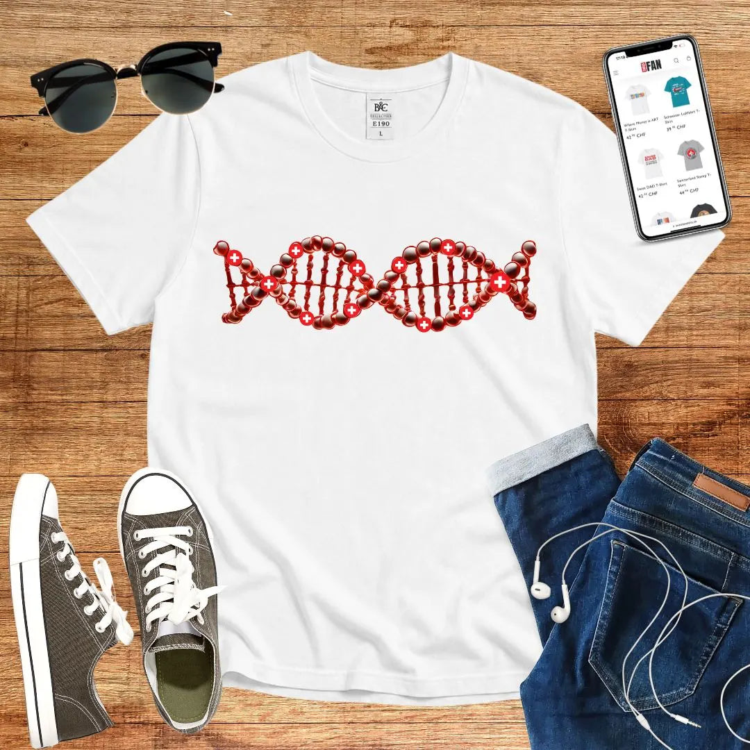 T-Shirt in White mit DNA-Motiv mit roten Kugeln und weißen Kreuzen