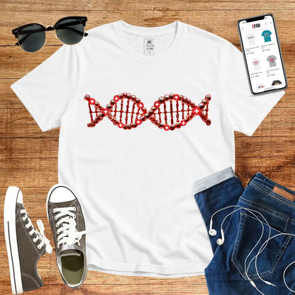 T-Shirt in White mit DNA-Motiv mit roten Kugeln und weißen Kreuzen
