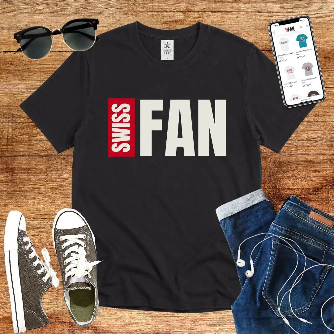 T-Shirt in Black mit Kontrastreiches Design in Schwarz und Rot mit Schriftzug „SWISS FAN“