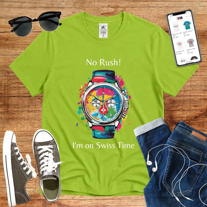 T-Shirt in Orchid Green mit Buntes Uhr-Design mit Schriftzug „No Rush! I&