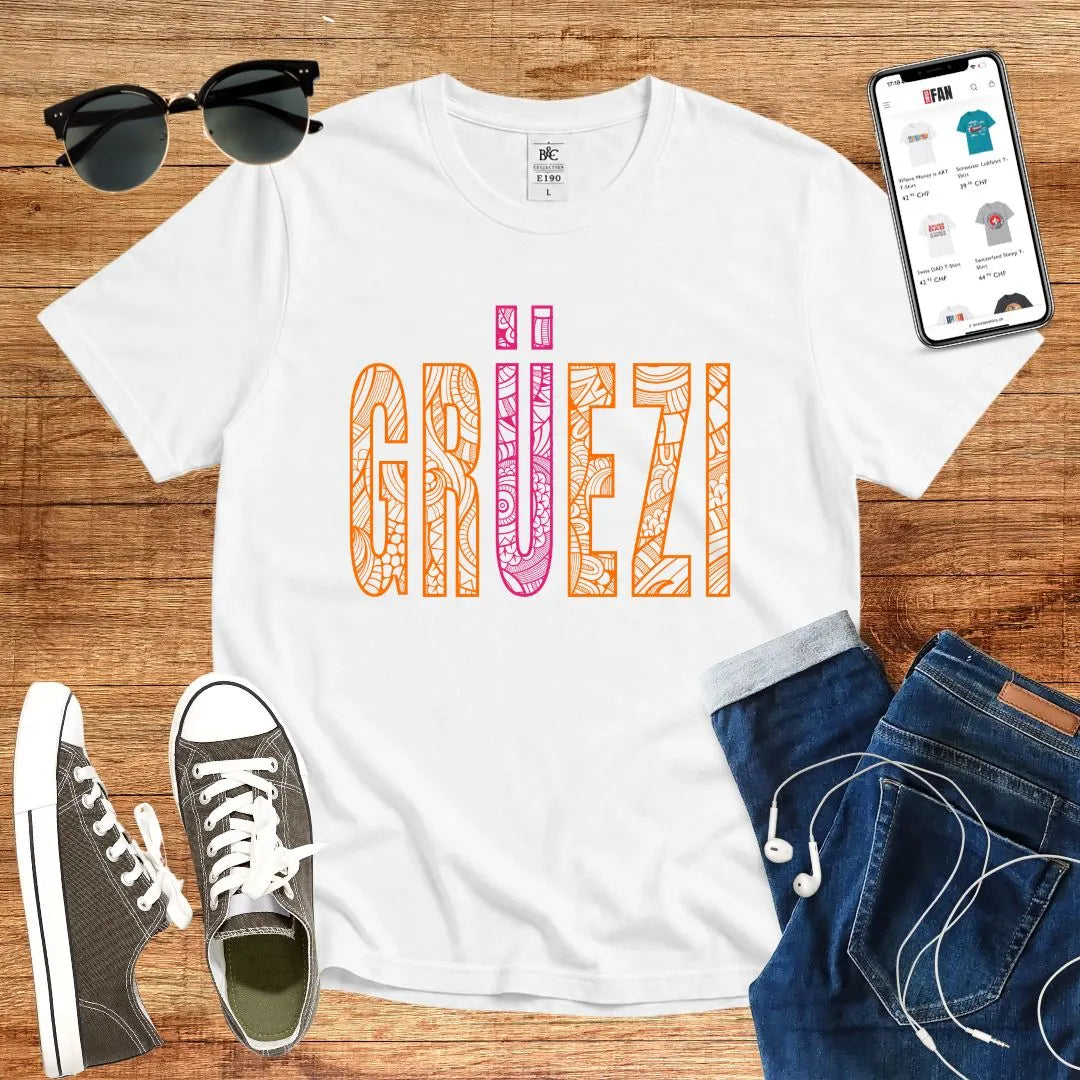 T-Shirt in White mit Dekoratives Muster-Design mit Schriftzug „GRÜEZI“