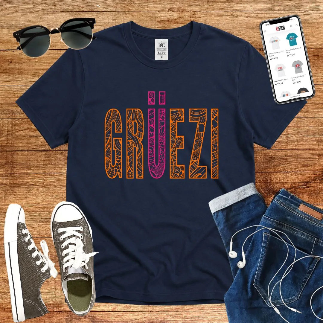 T-Shirt in Navy mit Dekoratives Muster-Design mit Schriftzug „GRÜEZI“