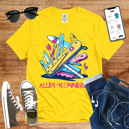 T-Shirt in Solar Yellow mit Schweizer-Messer-Design in Pink und Blau mit Schriftzug „ALLES-KÖNNERIN“