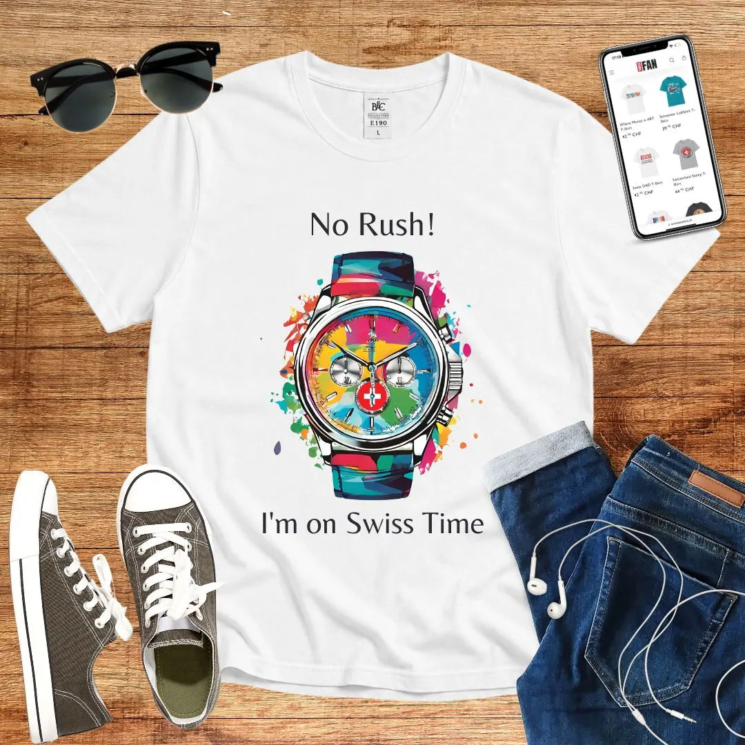T-Shirt in White mit Buntes Uhr-Design mit Schriftzug „No Rush! I&