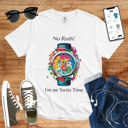 T-Shirt in White mit Buntes Uhr-Design mit Schriftzug „No Rush! I&