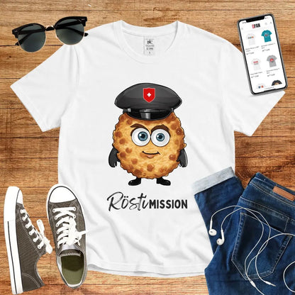 T-Shirt in White mit Niedlicher Rösti-Charakter mit Polizeimütze und Schriftzug „Rösti Mission“