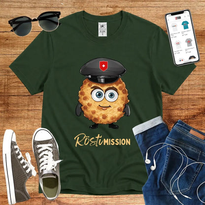 T-Shirt in Bottle Green mit Niedlicher Rösti-Charakter mit Polizeimütze und Schriftzug „Rösti Mission“