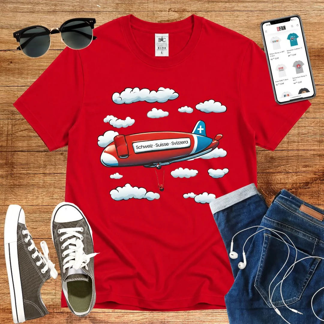 T-Shirt in Red mit Zeppelin-Motiv mit Wolken und Schriftzug „Schweiz · Suisse · Svizzera“