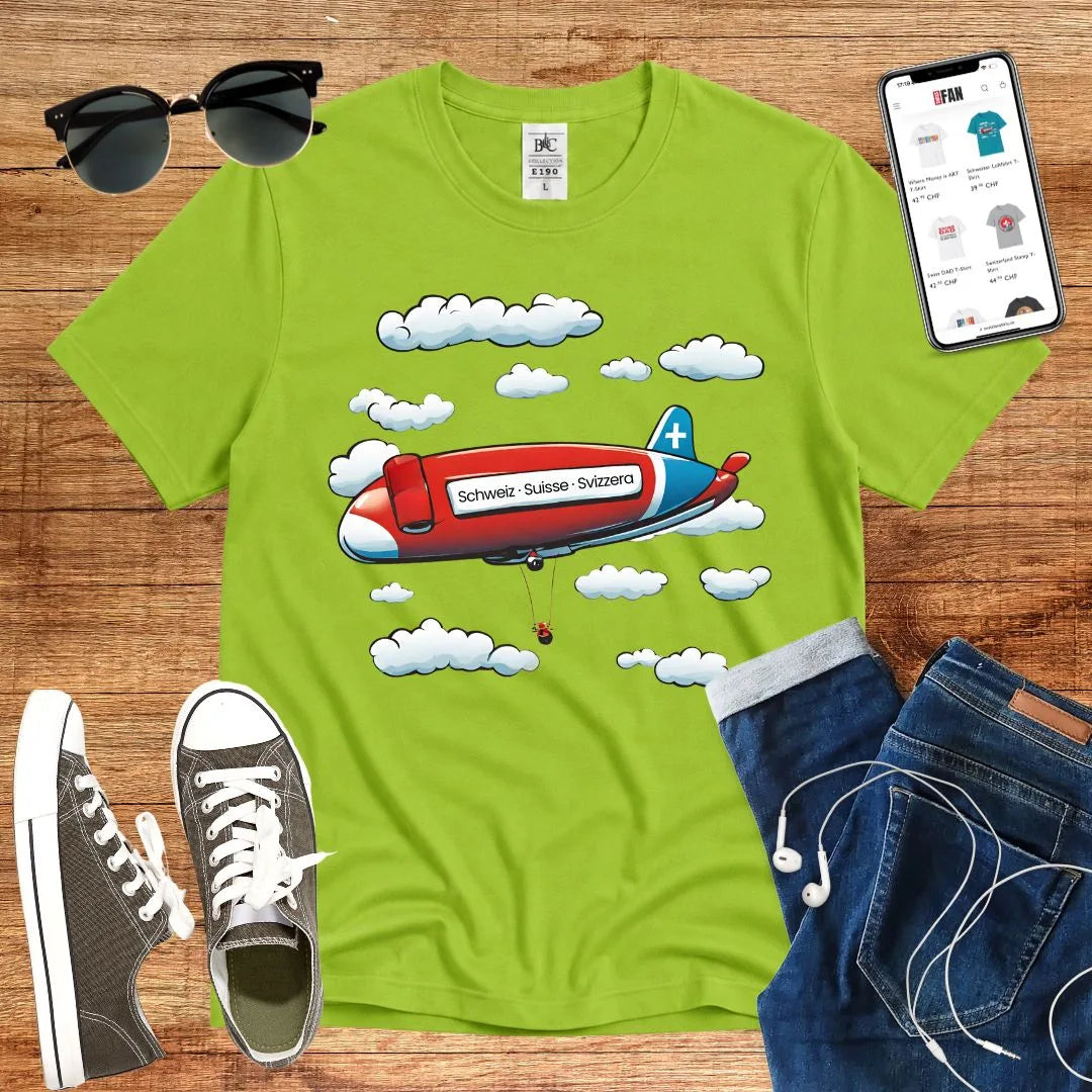 T-Shirt in Orchid Green mit Zeppelin-Motiv mit Wolken und Schriftzug „Schweiz · Suisse · Svizzera“