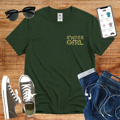 T-Shirt in Bottle Green mit Buntes Blumenmuster mit Schriftzug „SWISS GIRL“