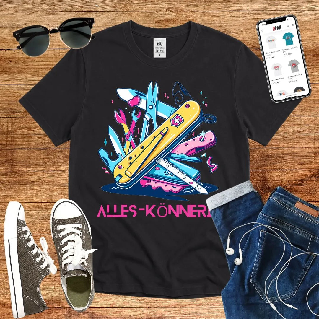 T-Shirt in Black mit Schweizer-Messer-Design in Pink und Blau mit Schriftzug „ALLES-KÖNNERIN“